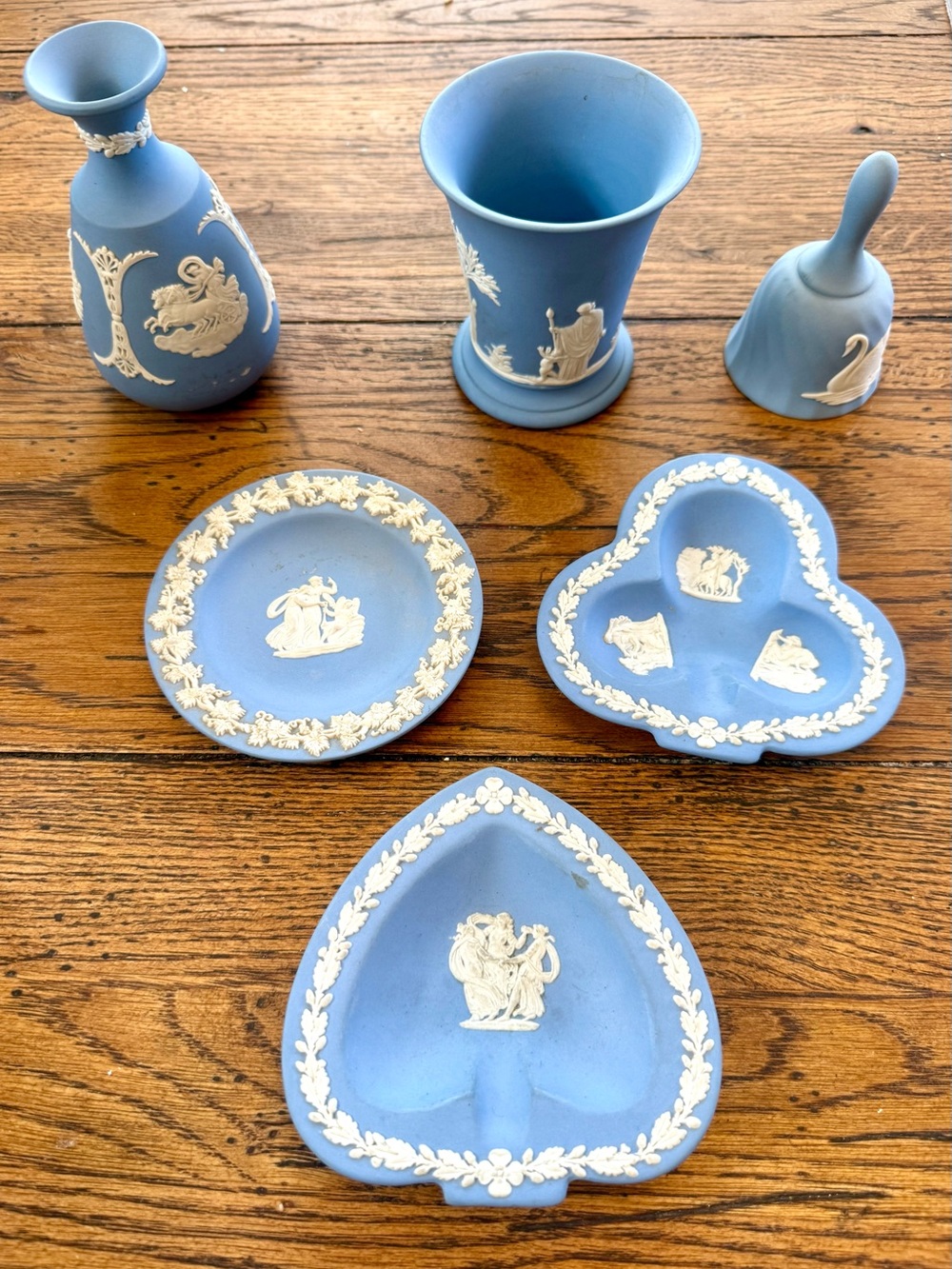 Vintage Wedgwood Blue Jasperware Lot of 6 Neoclassical Trinket Dishes Vases Bell